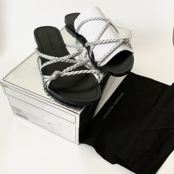 Sigerson Morrison Brock Silver Leather Flat Sandal Women’s Open Toe Mule Shoe 37 - Picture 3 of 6